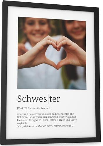 Papierschmiede® Personalisierte Geschenke Schwester Definition mit Foto DIN A4 (21x30 cm) Rahmen wählbar fertig gerahmt, Persönliches Bild Geschenk an Schwester Weihnachten Geburtstag Geschwister