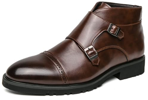 ANUFER Hombre Elegante Doble Hebilla Monje Botines Puntera Puntiaguda Negocio Zapatos de Vestir Café SD5A1110 EU42