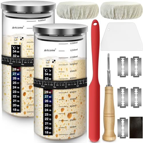 Artcome Sauerteig-Starterglas-Set mit 2 Gläsern – 1,275 ml DIY Pro Glas Sauerteig-Starterglas-Kit, luftdichte Lebensmittelaufbewahrungsdose, wiederverwendbarer Sauerteig-Brot-Backzubehör,