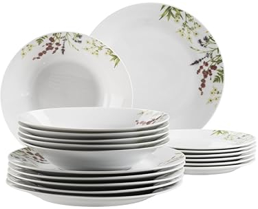 Mäser Herbal Garden, Tellerset für 4 Personen mit detailliertem Blumendekor, 18-tlg. Geschirr Set mit flachen Tellern, tiefen Tellern und Desserttellern, Porzellan, Weiß