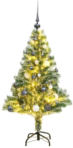 vidaXL Weihnachtsbaum, Beschneit Christbaum mit 150 LEDs Kugeln Ständer, Beleuchtet Tannenbaum Kunstbaum mit 8 Beleuchtungsmodi, Weihnachtsdeko Dekobaum, 150cm