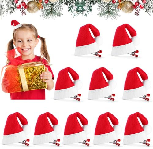 MELLIEX 10 Stück Weihnachten Haarspangen, Mini Weihnachtsmütze Haarklammern Rot Santa Hut Haarschmuck Weihnachts Haarclips für Mädchen Damen