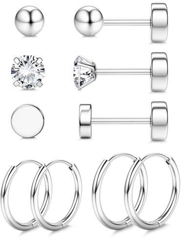 KRFY 5 Pairs G23 Titanium Earrings for Sensitive Ears Dot Ball Cubic Zirconia 20G Pure Titanium Hypoallergenic Stud and Hoop Earrings Set for Multiple Piercing Cartilage Flat Back Earrings for Women