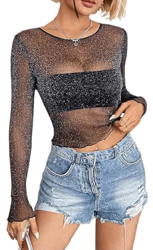 Glitzer Top Damen Party, Transparentes Oberteil, Sexy Mesh-Shirt, Schwarzes Netzoberteil
