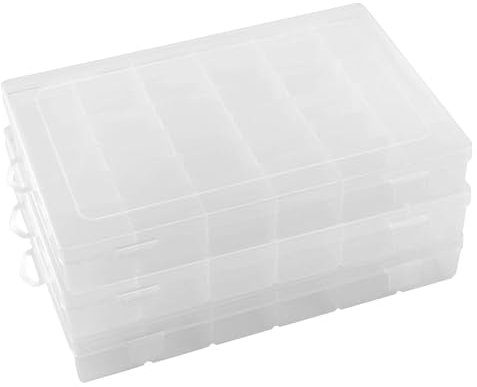 SINJEUN 3 Stück 36 Raster Plastik Aufbewahrungsbox Einstellbar Fächer Fächer Aufbewahrungsbox Sortierboxen für Kunsthandwerk, Angelzubehör, Schmuck, Perlen, 27.5 x 17.5 x 4.2 cm, Transparent