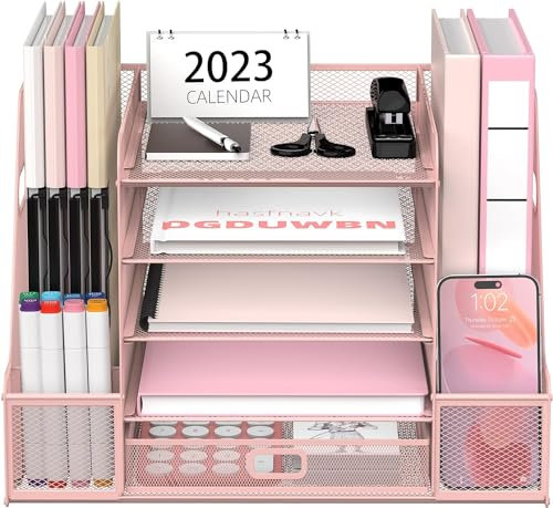 SUPTIDY 5-Tier Desk Organiser with File Holder, Mesh Paper Letter Tray Organiser with Magazine Holder, Desk Organisation and Storage with Drawer for Office Supplies Home or School, Pink