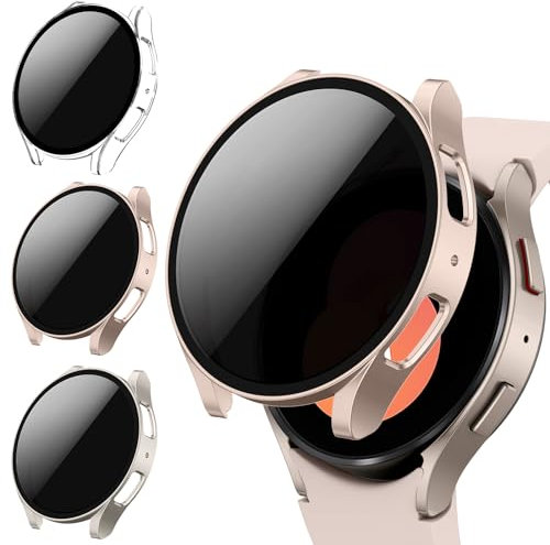 Kamita Schutzhülle für Samsung Galaxy Watch FE (2024)/4/5, 40 mm, mit Anti-Spionage-Displayschutzfolie aus gehärtetem Glas, harte Polycarbonat-Schutzhülle für Watch 5 Watch4, transparent, Rotgold und