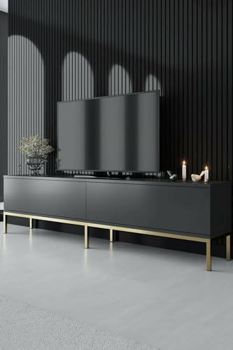 Dmora - Fernsehschrank Regulus, Ständer für Wohnzimmerfernseher, Niedriges Wohnzimmer-Sideboard, TV-Ständerbasis, 180x30h47 cm, Anthrazit und Gold