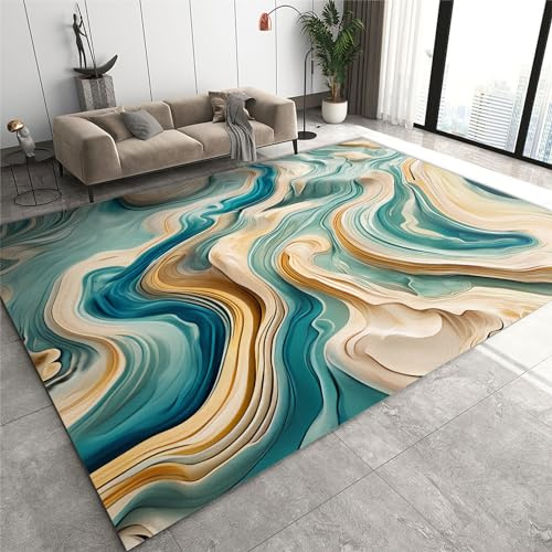 SANSJI Petrol/Gold Flüssiger Abstrakter Marmor Teppiche Gegend, Moderne Ästhetik rutschfest Flachgewebter Teppich - für Schlafzimmer Wohnzimmer Esszimmer Balkon 120 x 170 cm