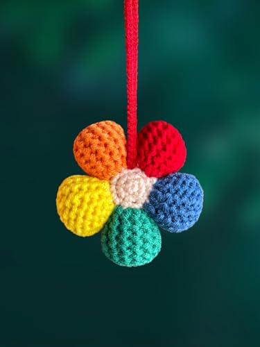 KIAYOO Autospiegel Anhänger Gestrickte Regenbogenblume, Auto Deko Süße Rückspiegel Hängedekoration, Auto Zubehör Innenraum Geburtstags Weihnachts Neujahr Geschenk für Mädchen Frauen Freunde