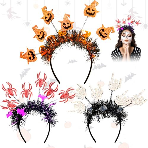 Allony Bandeau d'halloween, Citrouille Bandeau Mains Crânes Toile d'araignée, Serre Tete Halloween Adulte pour Halloween, Carnaval, Mardi Gras-3 Pièces