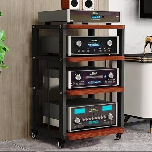 ZIUSFAC Audio-/Video-Regal Medienständer Mit Bremsrad Audio-Turm Audio-Rack Verstellbare Ständer CD-Player Stand Eck-Audioständer Für Stereoanlage(Black+Teak,4 Tier)