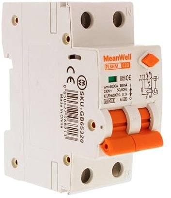 MeanWell Disjoncteur Différentiel 30mA, Type A Courbe C, 1P+N 6kA 30mA, 2 modules DIN, disjoncteur à courant résiduel avec protection contre les surintensités, RCBO 1P+N C20 20A