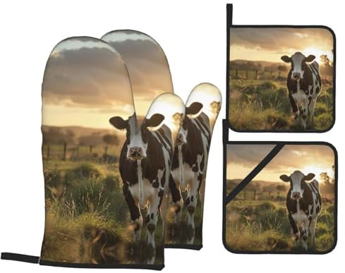 Manoplas de horno y agarraderas de Navidad con diseño de vaca lechera, guantes de horno, regalo para cocinar, hornear, juego de 4 piezas