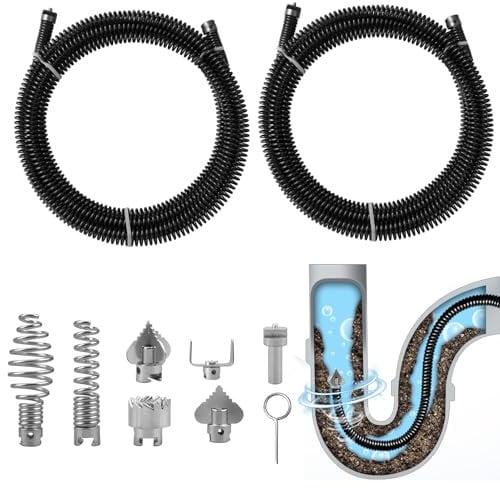 Rohrreinigungsspirale 2 * 3-Meter Spiralen,Spiraldurchmesser 12mm,mit 6 Stück Abflussreiniger Schneidkopf und 1elektrische Adaptern,Rohrreinigungsspirale aus Stahl, Effizientes Rohrreiniger