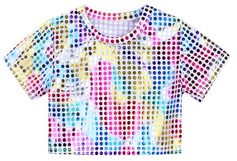 Pailletten Oberteil Kinder Junge Mädchen Ärmellos Kurz Glitzer Top Hemd Metallic Shirt Festliche Glänzend Oberteil Rundhals Party Disco Tshirt Tanz Neon Mottoparty Outfit Fasching Karneval Kostüm