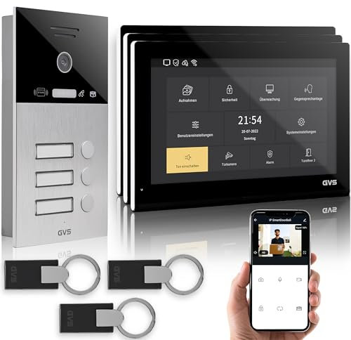 GVS - IP Video Türsprechanlage 3 Familienhaus mit Türöffner (RFID), HD Kamera, 3X 10 Zoll Monitor & App - Smarte Video Türklingel mit Kamera & Gegensprechanlage (AVS5526U)