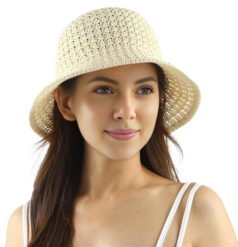 ACUSHLA Damen Sonnenhut, Faltbarer Strohhut, Breite Krempe, Waschbar, Verstellbar, für Strand, Angeln, Golf, Reisen, Gartenarbeit (DE/NL/SE/PL, Alphanumerisch, 46, 58, Hellbeige)