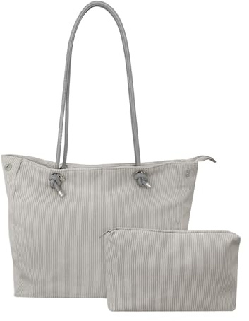 Mabecol Damentasche Set aus Cord – Shopper Tasche Damen Handtasche mit Kosmetiktasche, große Schultertasche für Alltag, Arbeit, Uni, Reisen (Hellgrau)