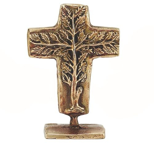 Herzmensch Lebensbaum Kreuz zum Hinstellen 7,5 x 11 cm Tischkreuz aus massiver Bronze gold zur Hochzeit, Krankensalbung, Grabkreuz