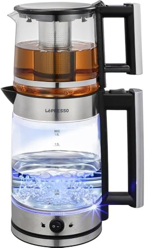 Lepresso Turkish Tea Glass Kettle Advanced Brewing System 1500-1800W Rated Power Detachable Tea Filter 1.2L Teapot Capacity Boil Dry Protection 1.8L Kettle Capacity Auto Shut Off-Black