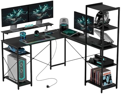 I0I&I0I Eckschreibtisch L-förmig 137x140 cm in Schwarz, Computertisch mit USB-Steckdose, Monitorständer & 6 Ablagen, Metall-Bürotisch mit Regal, Homeoffice Arbeitstisch Stabil & Platzsparend (Stil 1)
