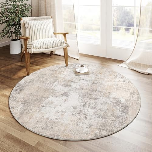 HUGEAR Beige Grau Teppich Rund 120cm Waschbarer | Waschbarer Modern Abstrakter Runder Teppich, Rutschfest, Kurzflorig, Weich, für Wohnzimmer, Schlafzimmer, Esszimmer, Büro