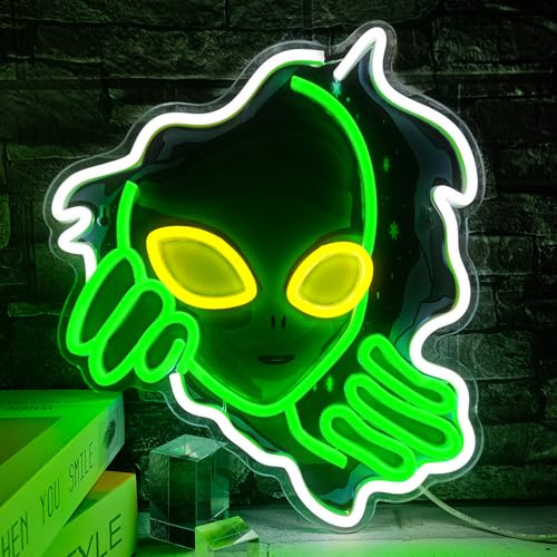 Flixyticy Alien Neon Schild für Wanddeko, LED Leuchtschild Hängeschild Türschild USB-Betrieb mit dimmbarem Schalter für Jungezimmer, Spielzimmer, Schlafzimmer(Alien)