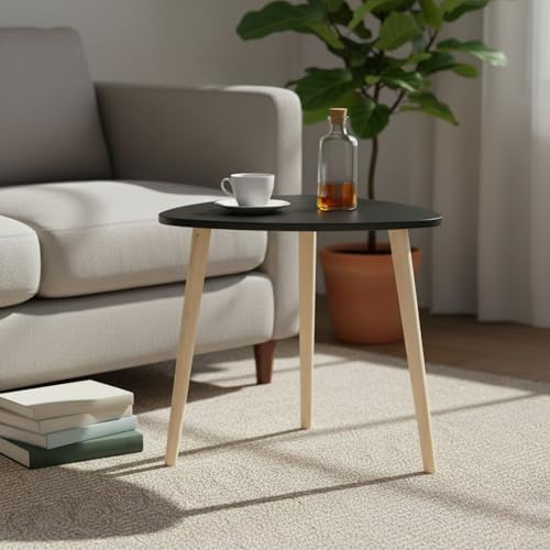 INDE MOBLEKIT | Mesa Auxiliar Madera Negra 48 cm con 3 Patas, Mesita Auxiliar Salón Dormitorio, Mesa de Noche Estilo Nórdico para Sofá, Cama o Rincón, Mesas Auxiliares para Hogar Moderno