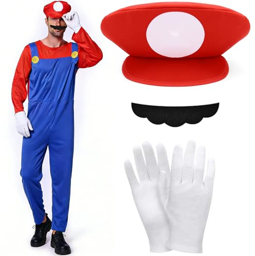 WPPQWP Super bros kostüm für cosplay, Kostüm Accessories Trousers Mütze Handschuhe Bart für Fasching Halloween Karneval Cosplay (Rot, L)