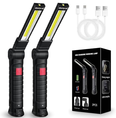 VOBOR 2 Piezas Linterna LED Recargable con Base Magnética, 5 Modos de Luz, Giratoria de 360°, Lámpara de Taller COB, para Mecánicos, Garajes, Coches, Emergencias y Camping