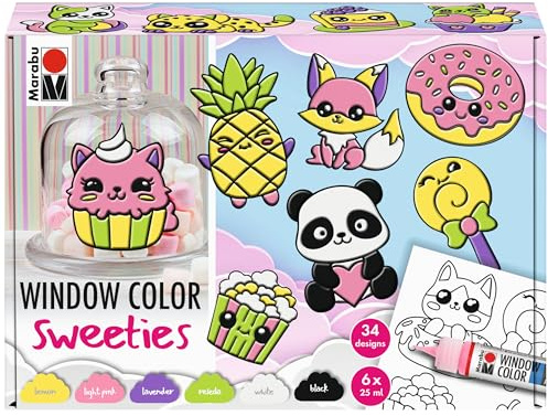 Marabu Window Color Fun & Fancy SWEETIES 0406000000122 Water-Based Window Paint, 6 Pens of 25 ml Paint, A3 Painting Template and Painting Film A4