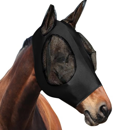 dellyy Masque Anti Mouche Cheval, Masque Mouche Cheval, élastique Protection Mouche, Bonnet Anti Mouche Cheval Protection UV, Bonnet Anti Mouche Cheval (Noir)