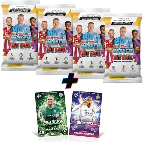 Topps Match Attax Champions League 2025/26 – 4 Booster Packs + 2 Limited Edition Karten (Erling Haaland Goalblast & Kylian Mbappé Speedstrike)