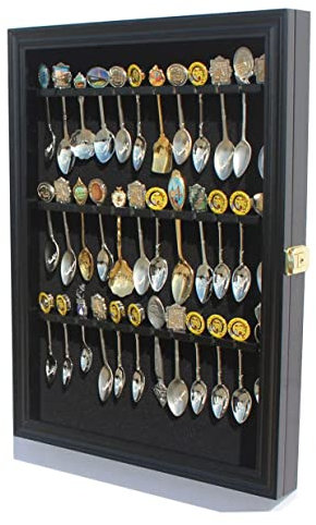Vitrine für 36 Souvenirs, Teelöffel, Vitrine, Wandmontage, Schrankrahmen mit abschließbarer Tür, schwarzes Finish