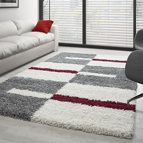 Carpettex Hochflor Teppich Wohnzimmer Shaggy Flokati Teppich Modern Kariert Design 140 x 200 cm Rot - Teppich Schlafzimmer Weich Flauschig Waschbar Teppich Küche Esszimmer - Langflor Teppiche