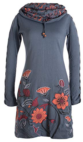 Vishes - Alternative Bekleidung - Damen Kleid mit Blumen-Muster Langarm Herbst Frühling Schalkragen grau 38