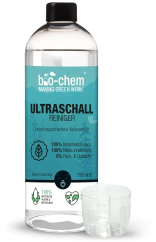 bio-chem Ultraschallreiniger Konzentrat 750 ML – mit Dosierbecher – geruchs- & alkoholfrei, für Ultraschallgeräte & -bäder – Brille, Schmuck, Zahnersatz, Rasierer u.v.m.