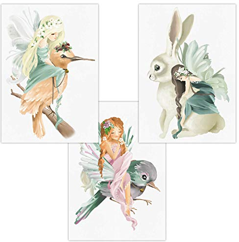 Olgs Wandbilder 3er Set für Baby & Kinderzimmer Deko Poster | Kunstdruck DIN A4 ohne Rahmen und Dekoration Tiere (Phantasy Vogel Hase Mädchen)