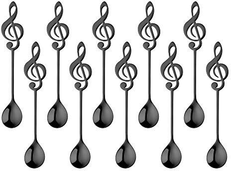 Bisda Acero Inoxidable Negro Cuchara de Huevo Juego de 10, Cuchara de Símbolo de Música Cuchara de Mocca Mini Cuchara de Torta Cucharadita