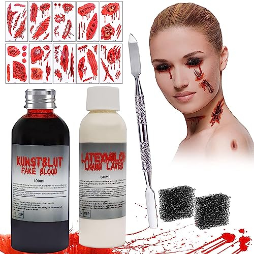 Kunstblut 100 ml,Latexmilch 60 ml,Halloween Zombie Vampir Wundschorf Schminke,Auswaschbar Fake Blood und Liquid Latex Set,Wunden & Narben Spezialeffekt,mit Make-up Schwamm und Spatel