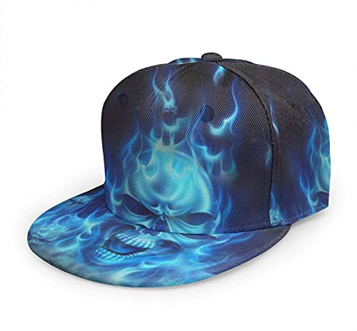 Oaieltj Unisex Baseball Cap Damen Herren Einstellbare Hip Hop Hut Mode Flache Schirmmütze Baseball Cap, Totenkopf blaue Flamme, One size