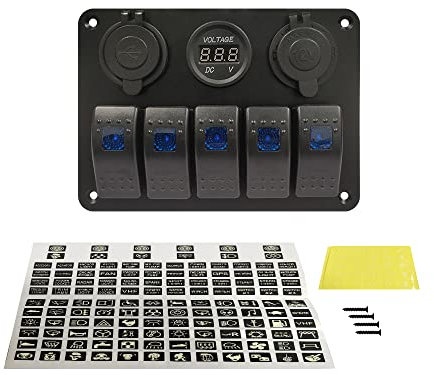 ELING 5-Gang-Wippschalter mit Panel, USB-Ladegerät, 5 V, 3,1 A, LED-Spannungsanzeige, Zigarettenanzünder mit DIY-Aufkleber für Boot, Auto, LKW