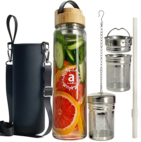 ameiin 32oz Reusable Borosilicate Glass Water Bottle with Bamboo Lid and Stylish Neoprene Travel Sleeve Bag for Loose Leaf Tea, Matcha Shaker,BPA Free- Glass Tea Tumbler with Stainer