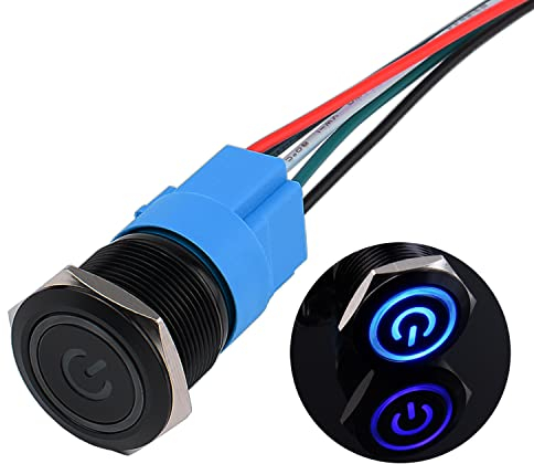 JIQI 22mm Druckschalter 12V bis 24V 5A Wasserdichte Latching Schalter aus Aluminiumlegierung IP66 1NO1NC vorverdrahte schwarze EIN/AUS Schalter mit Power Symbol LED für Motorrad Boot LKW RV (Blau)