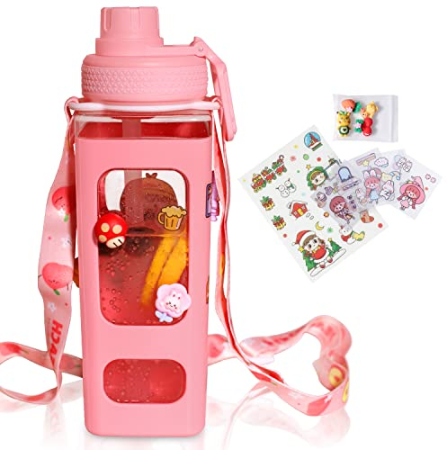 Kawaii Water Bottle for Girls Cute Water Bottles with Straw,Cute Water Leak Proof Bottles Portable Leakproof Water Jug for School Gifts For Girls Boys (900ml, Pink)