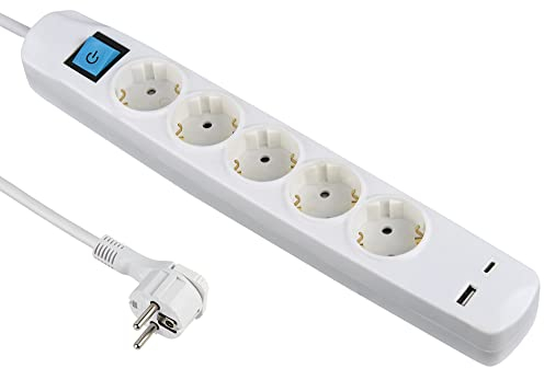 Electraline 62165 Steckdosenleiste 5-Fach Schuko mit Schalter + 2 USB 3.4A 17W (1 Typ A + 1 Typ C), Kabel 1.5M / Mehrfachsteckdose/Tischsteckdose Steckerleiste, Extra Flacher Stecker