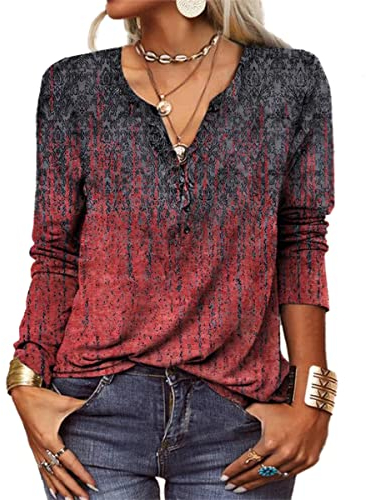 GRMLRPT Tops Damen Langarm Rundhal Tshirts Tunika Oberteile Bedruckte Bluse Damen Elegant Lässige Hemd Knopfleiste (Rot,M)