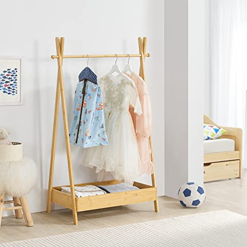 [en.casa] Portant à Vêtements pour Enfant Garde-Robe Ouvert avec Barre de Penderie Surface de Rangement pour Chaussures Accessoires Bambou 126 x 73 x 42 cm Naturel