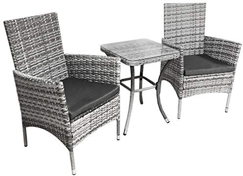 Set Mobilier Bistro Luxe 3 Pièces Rotin Table Verre Trempé 2 Chaises Confortable Terrasse Jardin Salon de Jardin Gris Clair Bistrot Set Parisien - Terrasse Patio Jardin Aménagement Extérieur